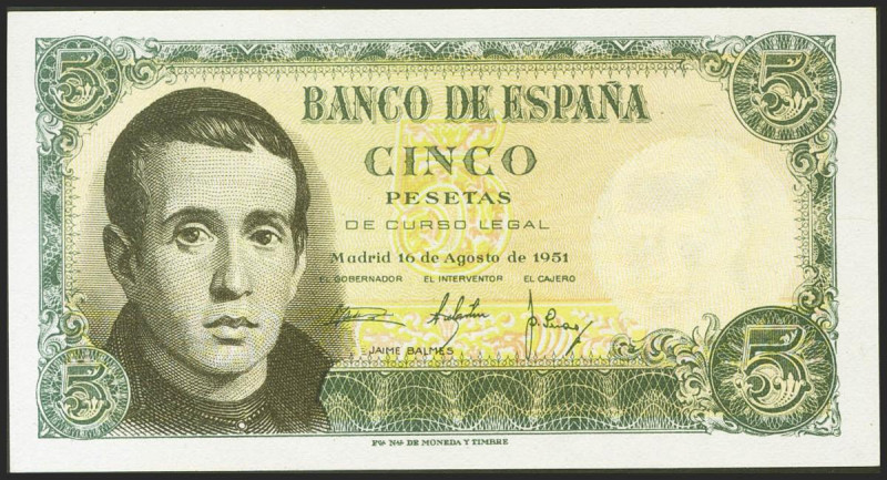 5 Pesetas. 16 de Agosto de 1951. Serie A. (Edifil 2021: 459a). Conserva todo su ...