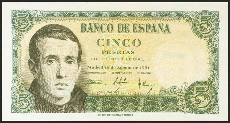 5 Pesetas. 16 de Agosto de 1951. Serie J. (Edifil 2021: 459a). Apresto original....