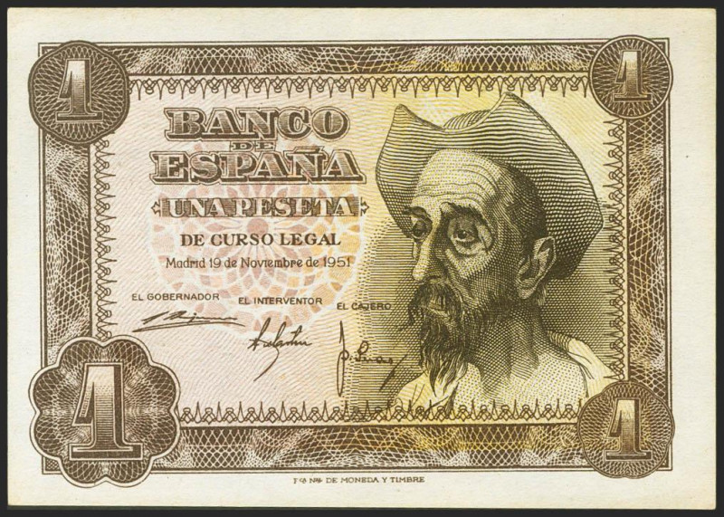 1 Peseta. 19 de Noviembre de 1951. Sin serie. (Edifil 2021: 461). Conserva gran ...