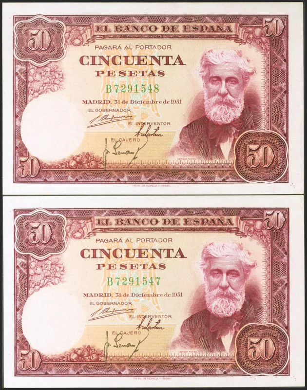 50 Pesetas. 31 de Diciembre de 1951. Pareja correlativa. Serie B. (Edifil 2021: ...