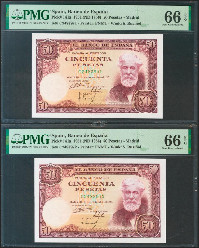 50 Pesetas. 31 de Diciembre de 1951. Pareja correlativa. Serie C. (Edifil 2021: ...