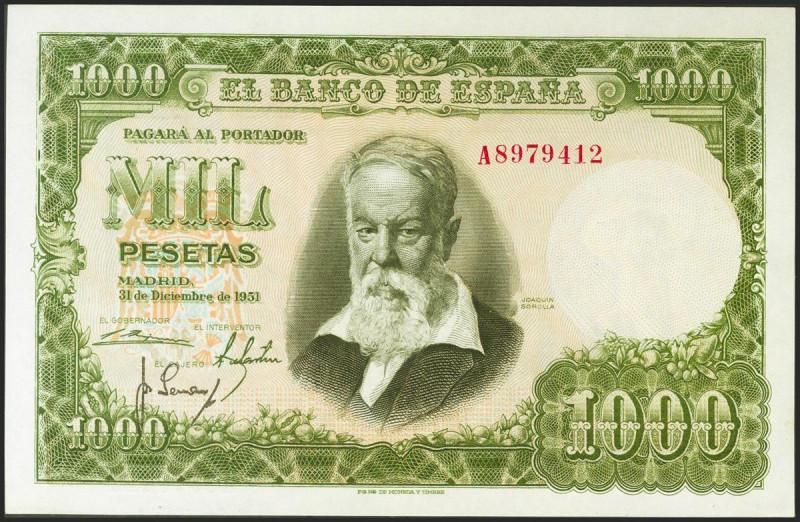 1000 Pesetas. 31 de Diciembre de 1951. Serie A. (Edifil 2021: 463a). Rarísimo en...