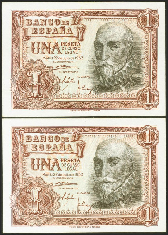 1 Peseta. 22 de Julio de 1953. Pareja correlativa. Serie 1G. (Edifil 2021: 465a)...