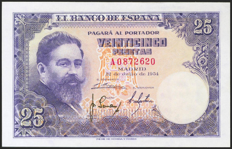 25 Pesetas. 22 de Julio de 1954. Serie A. (Edifil 2021: 467a). Conserva todo su ...