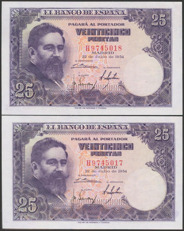 25 Pesetas. 22 de Julio de 1954. Pareja correlativa. Serie H. (Edifil 2017: 467a...