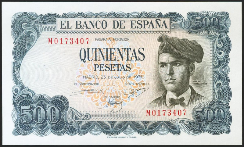 500 Pesetas. 23 de Julio de 1971. Serie M. (Edifil 2021: 473a). Apresto original...