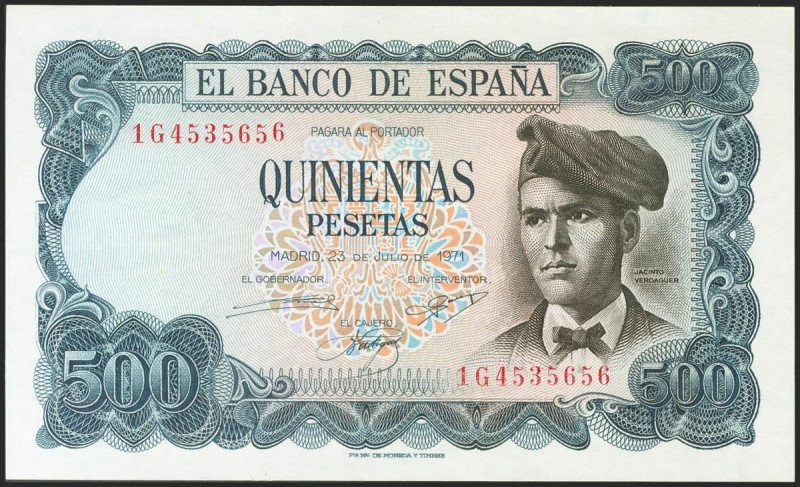 500 Pesetas. 23 de Julio de 1971. Serie 1G. (Edifil 2021: 473a). Conserva todo s...