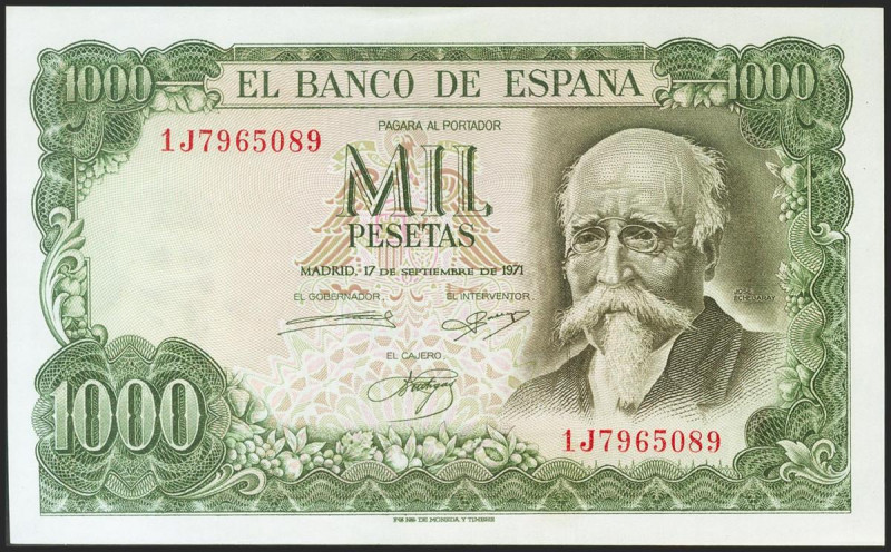 1000 Pesetas. 17 de Septiembre de 1971. Serie 1J. (Edifil 2021: 474c). Apresto o...