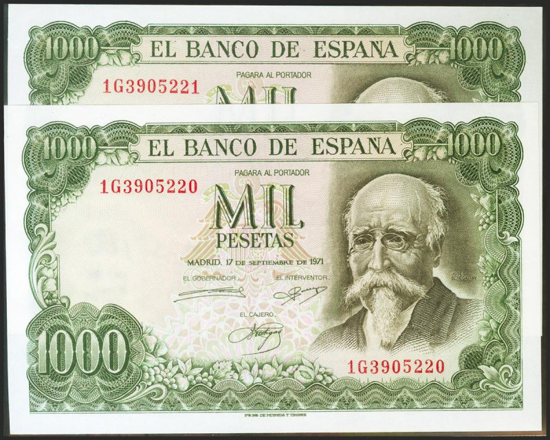 1000 Pesetas. 17 de Septiembre de 1971. Pareja correlativa. Serie 1G. (Edifil 20...