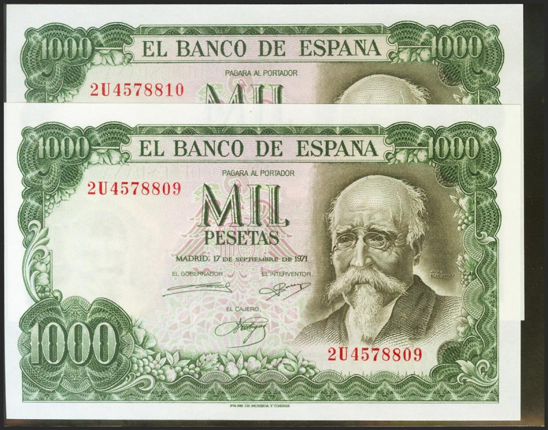 1000 Pesetas. 17 de Septiembre de 1971. Pareja correlativa. Serie 2U. (Edifil 20...