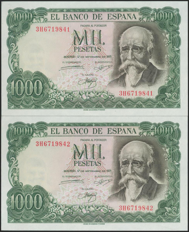 1000 Pesetas. 17 de Septiembre de 1971. Pareja correlativa. Serie 3H. (Edifil 20...