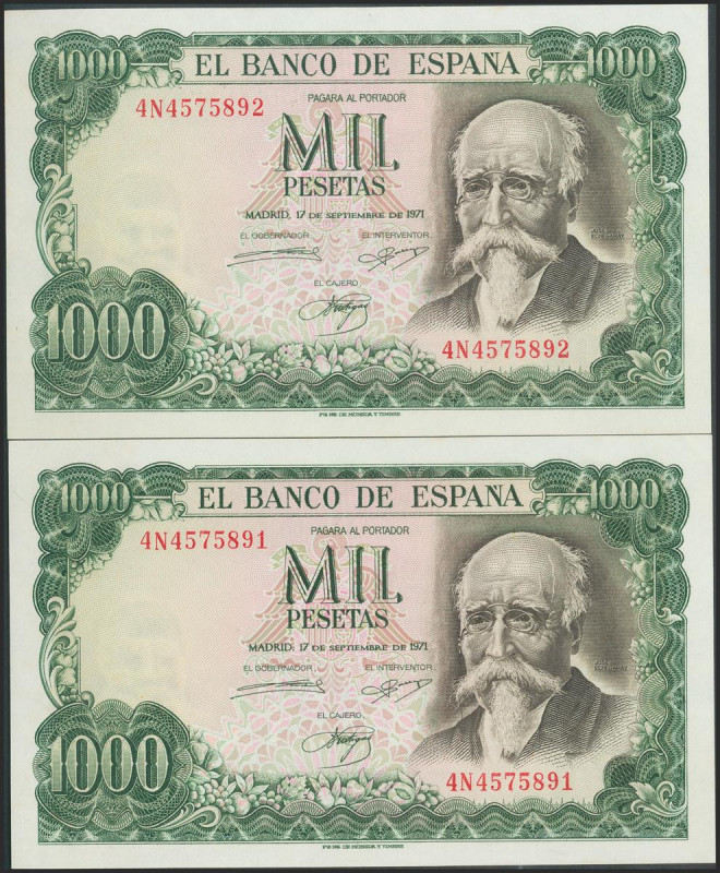 1000 Pesetas. 17 de Septiembre de 1971. Pareja correlativa. Serie 4N. (Edifil 20...