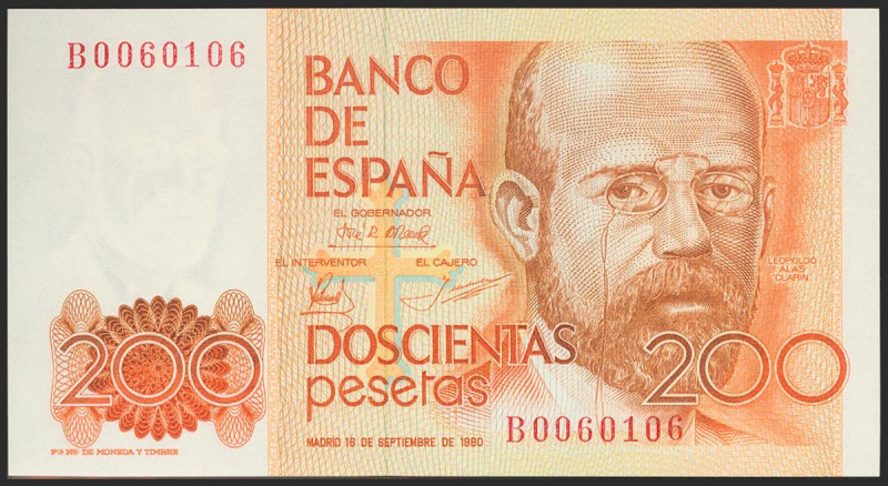 200 Pesetas. 16 de Septiembre de 1980. Serie B. (Edifil 2021: 480a). SC.