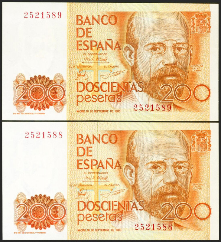 200 Pesetas. 16 de Septiembre de 1980. Pareja correlativa. Sin serie. (Edifil 20...