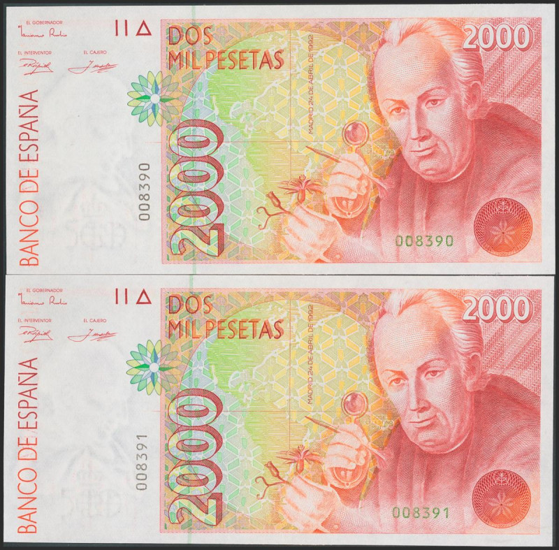 2000 Pesetas. 24 de Abril de 1992. Pareja correlativa. Sin serie y numeración ba...