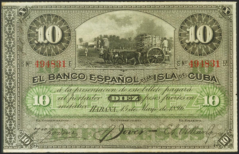 BANCO ESPAÑOL DE LA ISLA DE CUBA. 10 Pesos. 15 de Agosto de 1896. Serie E. (Edif...