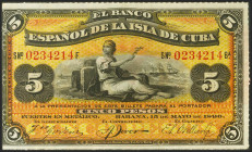 BANCO ESPAÑOL DE LA ISLA DE CUBA. 5 Pesos. 15 de Agosto de 1896. Sobrecarga PLATA. Serie F. (Edifil 2021: 81). Apresto original. SC.