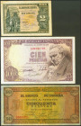Conjunto de billetes que incluye el 2 Pesetas emitido el 12 de Octubre de 1937 y con la serie B (Edifil 2021: 426a) en MBC-, el 50 Pesetas emitido el ...
