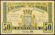EL ESCORIAL DE LA SIERRA (MADRID). 50 Céntimos. 1 de Diciembre de 1937. (González: 2325). Inusual. MBC.