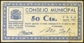 FONZ (HUESCA). 50 Céntimos. Agosto 1937. (González: 2477). Inusual. MBC.