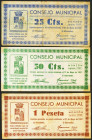 MONZON (HUESCA). 25 Céntimos, 50 Céntimos y 1 Peseta. Junio 1937. (González: 3674/76). Inusual serie completa. MBC/MBC+.