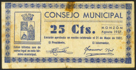 MONZON (HUESCA). 25 Céntimos. Agosto de 1937. (González: 3680). MBC-.