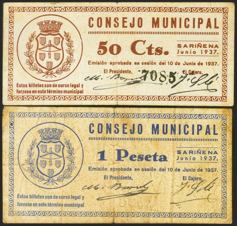 SARIÑENA (HUESCA). 50 Céntimos y 1 Peseta. 10 de Junio de 1937. (González: 4785/...