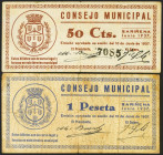 SARIÑENA (HUESCA). 50 Céntimos y 1 Peseta. 10 de Junio de 1937. (González: 4785/86). Inusual serie completa. MBC.