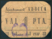 ARBECA (LERIDA). 1 Peseta. Febrero 1937. Serie B. (González: 6309). Raro. BC.