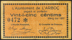 L´ARBOC (TARRAGONA). 25 Céntimos. Mayo 1937. (González: 6314). MBC+.