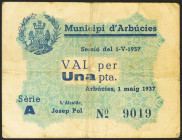ARBUCIES (GERONA). 1 Peseta. 1 de Mayo de 1937. Serie A. (González: 6323). Inusual. MBC-.