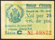 ARBUCIES (GERONA). 25 Céntimos. 26 de Junio de 1937. (González: 6324). Inusual. MBC+.