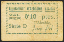 ARBUCIES (GERONA). 10 Céntimos. 2 de Octubre de 1937. (González: 6325). MBC.