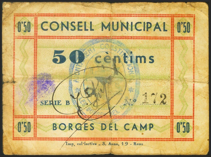 BORGES DEL CAMP (TARRAGONA). 50 Céntimos. (1936ca). Serie B. (González: 7161). R...