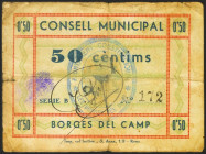 BORGES DEL CAMP (TARRAGONA). 50 Céntimos. (1936ca). Serie B. (González: 7161). Rarísimo. RC.
