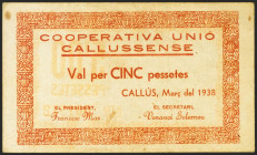 CALLUS (BARCELONA). 5 Pesetas. Julio 1937. No catalogado. MBC+.