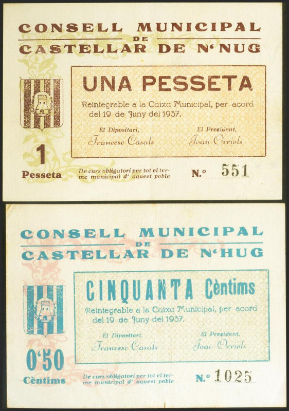 CASTELLAR DE N´HUG (BARCELONA). 50 Céntimos y 1 Peseta. 19 de Junio de 1937. (Go...