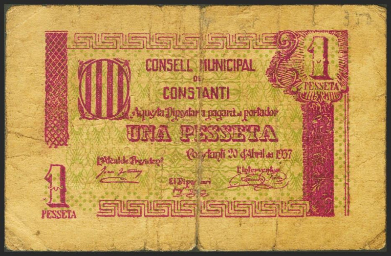 CONSTANTI (TARRAGONA). 1 Peseta. 20 de Abril de 1937. Serie B. (González: 7653)....