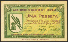 CORBERA DE LLOBREGAT (BARCELONA). 1 Peseta. 6 de Junio de 1937. (González: 7673). Inusual. EBC.