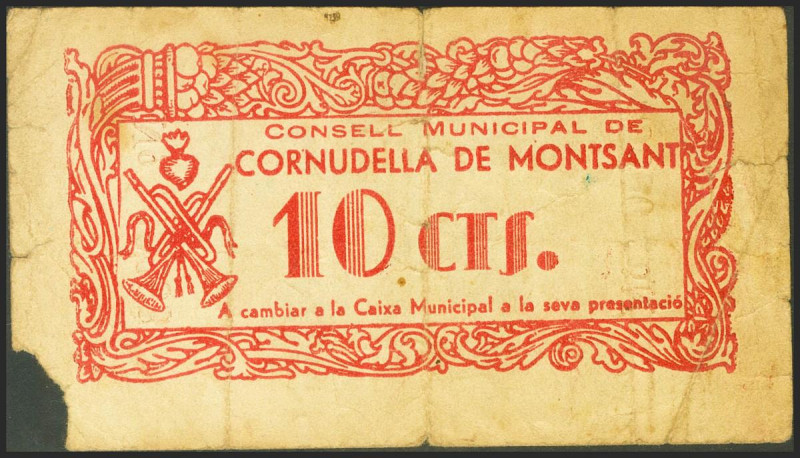 CORNUDELLA DEL MONTSANT (TARRAGONA). 10 Céntimos. (1936ca). (González: 7696). Ra...