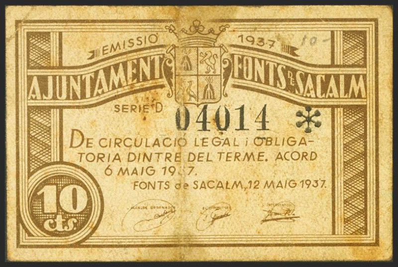 FONTS DE SACALM (GERONA). 10 Céntimos. 12 de Mayo de 1937. Serie D. (González: 7...