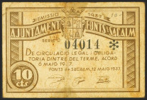 FONTS DE SACALM (GERONA). 10 Céntimos. 12 de Mayo de 1937. Serie D. (González: 7916). BC.