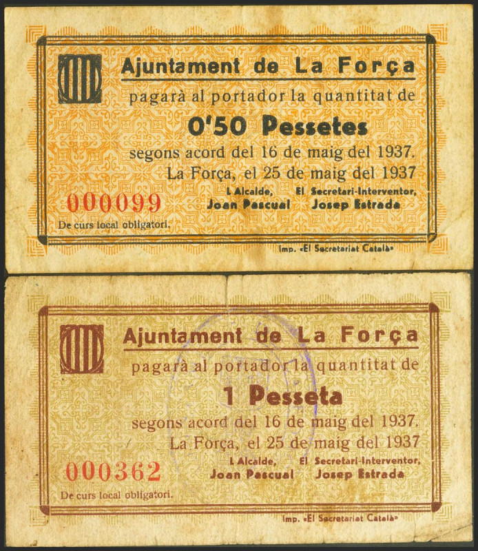 LA FORÇA (BARCELONA). 50 Céntimos y 1 Peseta. 25 de Mayo de 1937. (González: 791...