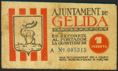 GELIDA (BARCELONA). 1 Peseta. 12 de Marzo de 1937. Serie A. (González: 8012). Inusual. MBC-.