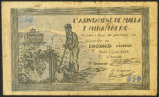 MALLA I MIRANBERC (BARCELONA). 50 Céntimos. 1 de Junio de 1937. (González: 8485). Raro. MBC.