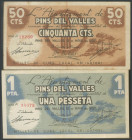 PINS DEL VALLES (BARCELONA). 50 Céntimos y 1 Peseta. 12 de Mayo de 1937. Serie A, ambos. (González: 9244/45). MBC+.