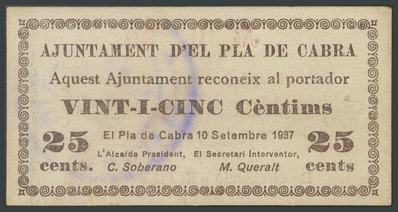 PLA DE CABRA (TARRAGONA). 25 Céntimos. 10 de Septiembre de 1937. (González: 9249...