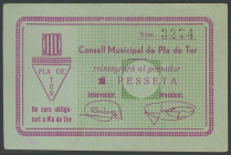 PLA DE TER (GERONA). 1 Peseta. (1938ca). (González: 9260). Inusual. EBC+.