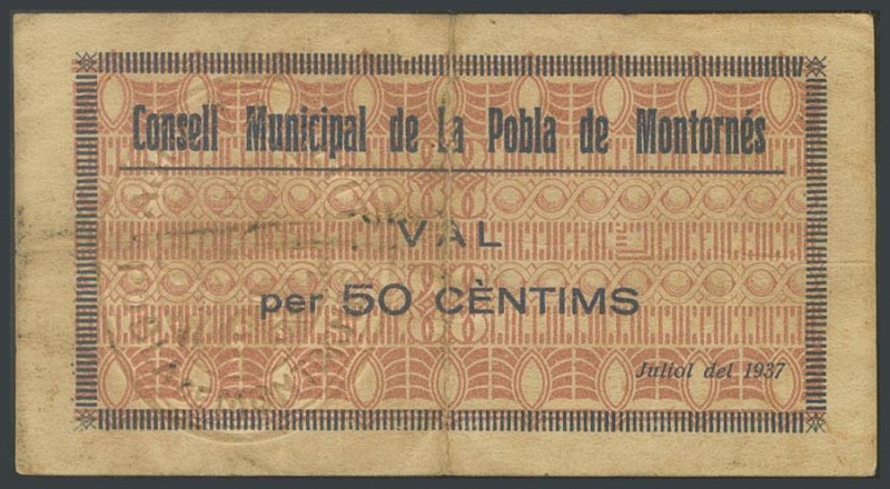 POBLA DE MONTORNES (TARRAGONA). 50 Céntimos. Julio 1937. (González: 9332). Muy r...