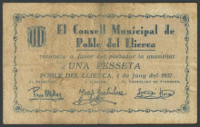 POBLE DEL LLIERCA (GERONA). 1 Peseta. 1 de Junio de 1937. (González: 9353). Muy raro. MBC-.